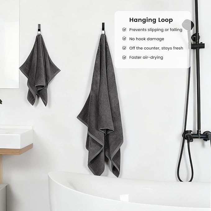 SEMAXE Bathroom Towel Set, 8-Piece Gray Cotton Towels with Loops – 2 Bath, 2 Hand, 4 Washcloths, Soft, Absorbent & Durable