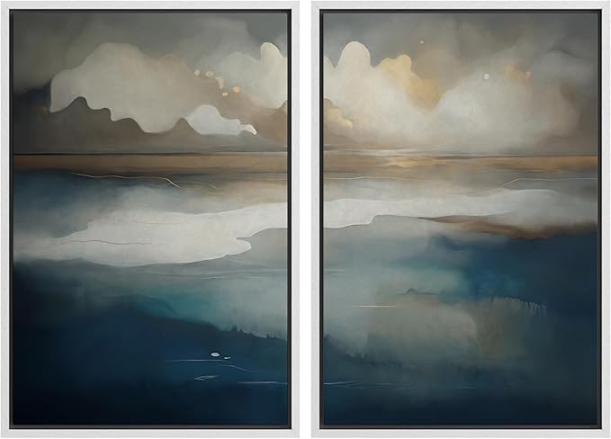 IDEA4WALL Framed Canvas Print Wall Art Set Ocean Cloudscape Blue and Beige Abstract Seascape Illustrations Modern Art Decorative Bohemian Calm/Zen for Living Room, Bedroom, Office - 24"x36"x2 White