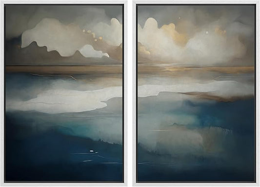 IDEA4WALL Framed Canvas Print Wall Art Set Ocean Cloudscape Blue and Beige Abstract Seascape Illustrations Modern Art Decorative Bohemian Calm/Zen for Living Room, Bedroom, Office - 16"x24"x2 White