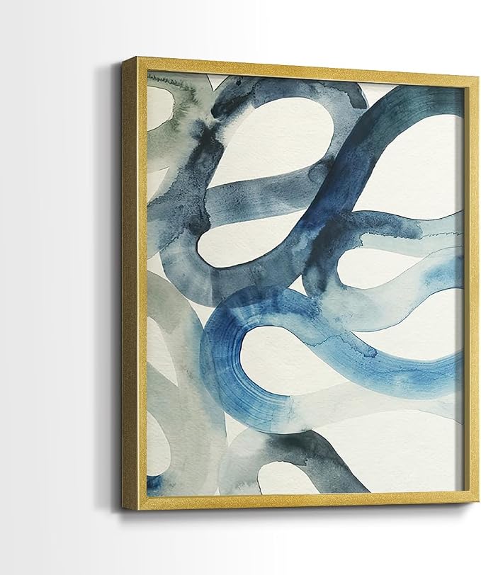 Renditions Gallery Set of 2 Peel & Stick Framed Prints, Watercolor Abstract Wall Art, Aquatic Water and Sand Strokes Wall Decor, Re-Stickable - Ready to Hang - 16"x20" - GOLD Frame LT588