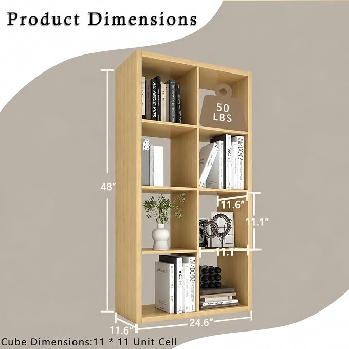 Endearing Limons【2026 Wooden Thick Border 8 Cube Shelf Storage Organizer with Anti-Tipping Kits + Reversible Open Back Bookcase (11 x 11 Unit Cell Oak)