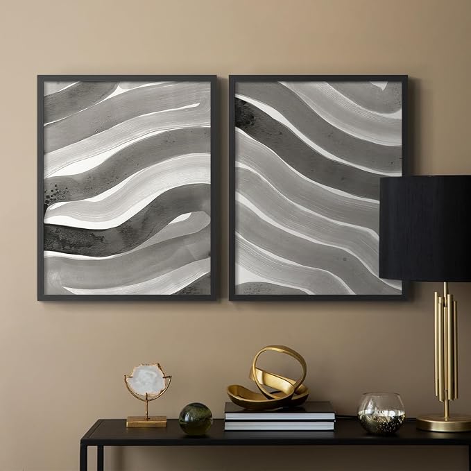 Renditions Gallery Set of 2 Peel & Stick Framed Prints, Watercolor Abstract Wall Art, Black and White Bold Brushstrokes Wall Decor, Re-Stickable - Ready to Hang - 22"x28" - Black Frame LT588