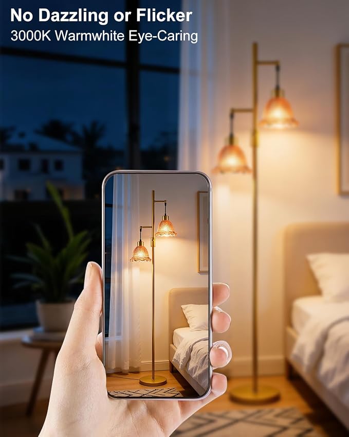 2-Light Modern Glass Floor Lamp, Gold Tall Standing Lamp with Deep Red Bell Glass Shade for Reading, Dimmable LED Floor Lamp with 5Lbs Heavy Base for Living Room Bedroom Home Decor, Bulb Included
