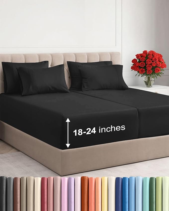 Extra Deep Split King Sheet Set - 7 Piece Breathable and Cooling Sheets - Hotel Luxury Bedding for Women, Men, Kids & Teens - Easy Secure Fit - Soft, Wrinkle Free & Comfy - Extra Deep Pockets - Black