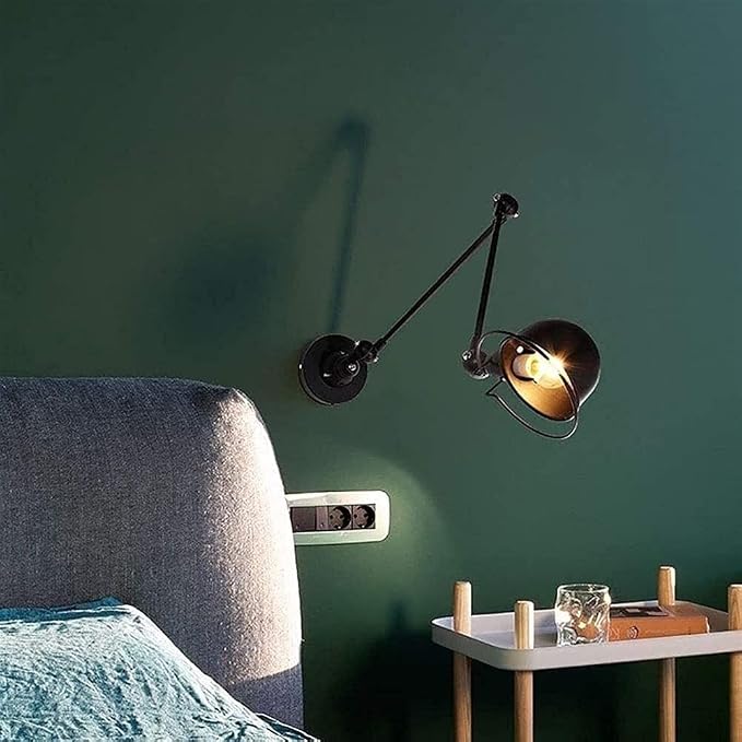 Retro Extendable Wall Lighting Fixture Swing Arm Long Wall Sconces with Adjustable Head Rotated Lamp Arm Reading Light for Study Bedroom Bedside Lamp