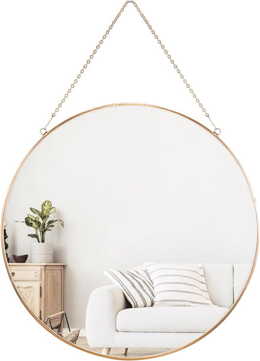 Dahey 11.8-inch Small Hanging Circle Mirror Wall Decor Gold Round Mirror with Hanging Chain for Office Bathroom Bedroom Living Room Dorm College, Gold