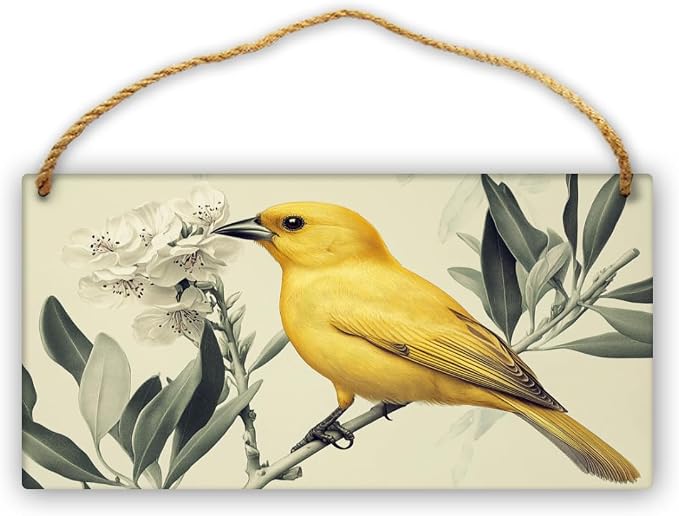 Whimsical Vintage Yellow Bird & Flowers Wooden Wall Art, Retro Home Decors for Nature Admirers, 12x6 Inch Wood Sign to Bring Retro Charm Indoors