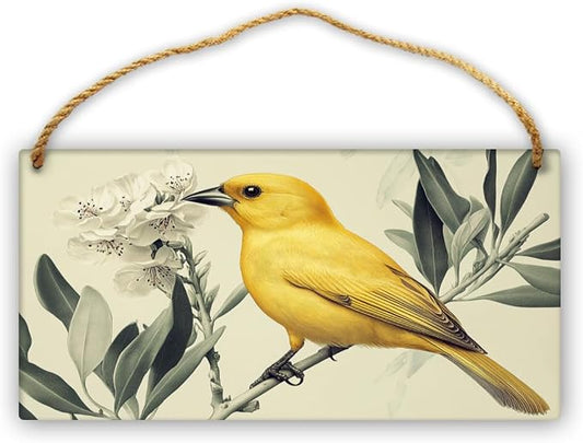 Whimsical Vintage Yellow Bird & Flowers Wooden Wall Art, Retro Home Decors for Nature Admirers, 12x6 Inch Wood Sign to Bring Retro Charm Indoors