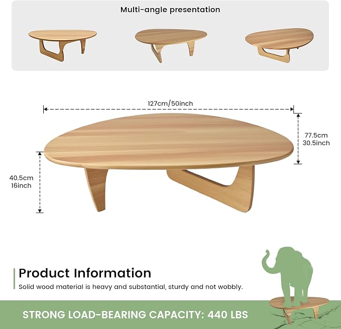 Modern Triangle Coffee Table: Unique Funky Soild Wood Coffee Tables for Living Room, Wooden Oval Mid-Century Modern Abstract Tea Tables for Patio Office Balcony (Natural, 50" Lx31 Wx16 H)