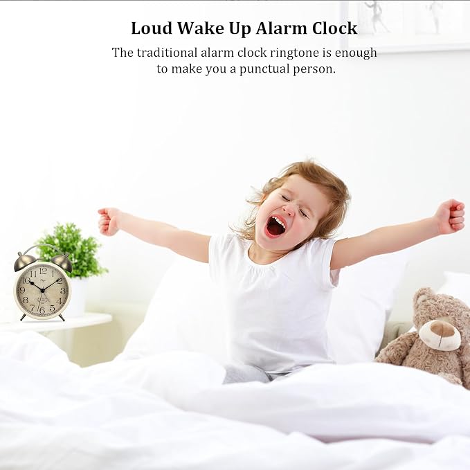 Maxspace 4 Inch Twin Bell Alarm Clock, Retro Analog Alarm Clock Silent Non-Ticking Quartz with Nigh Light, Small Desk Clock for Bedside Table, Battery Operated (White)