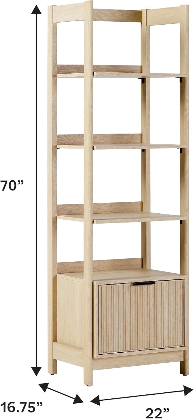 Walker Edison Transitional Reeded Narrow Open Bookshelf with Drawer on Bottom for Home Office, Living Room, Bedroom, 4-Shelf Bookcase with Bottom Storage, 22”W x 16.75”D x 70”H, Coastal Oak