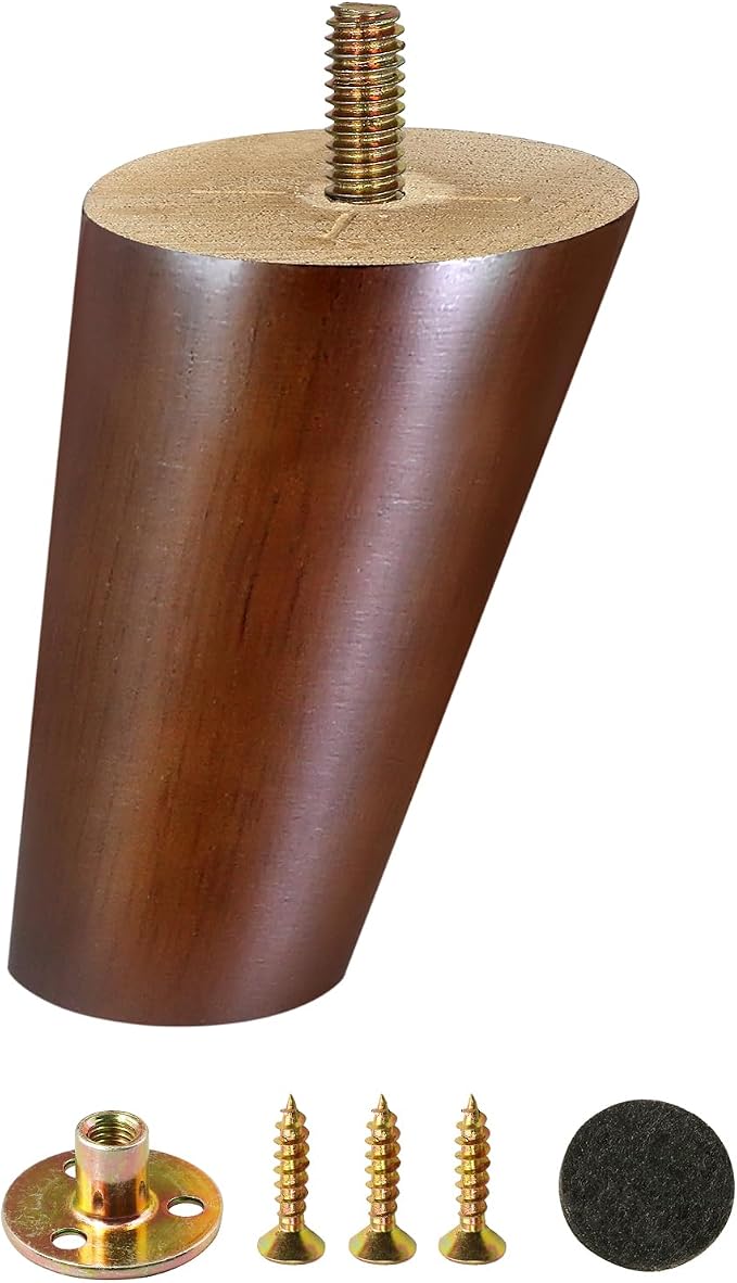 FoDau770 Brown Rubber Wood Furniture Legs 5 Inches, 5/16" UNC Slant Tapered Wood Feet Mid Century Sofa Legs, Wooden Furniture Feet Replacement Parts for Cabinet Couch Dresser Chair Ottoman Table