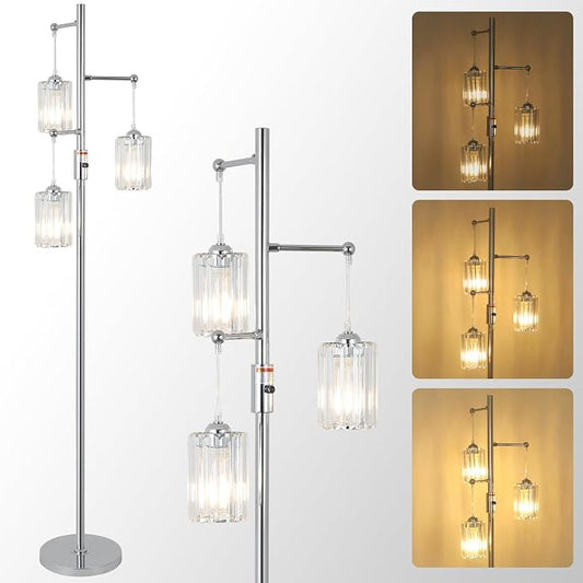 Modern Crystal Floor Lamp for Living Room, 3 Lights Dimmable Standing Lamp, Industrial Silver Tree Lamp with Crystal Shade, Dimmer Switch, 65" Tall Corner Lamp for Bedroom Reading, Chrome