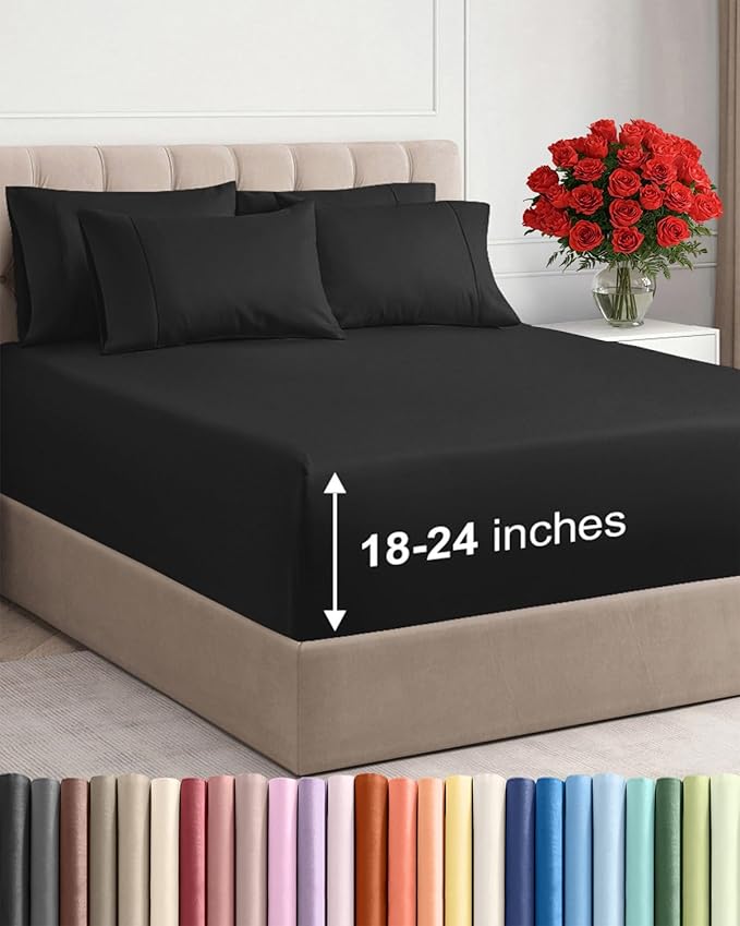 Extra Deep Cal King Sheet Set - 6 Piece Breathable and Cooling Sheets - Hotel Luxury Bedding for Women, Men, Kids & Teens - Easy Secure Fit - Soft, Wrinkle Free and Comfy - Extra Deep Pockets - Black