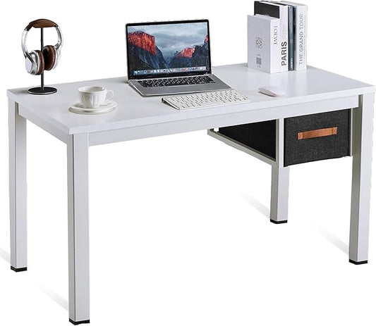White Computer Desk with Drawer, 47 Inch Home Office Work Desks, Modern Writing Study PC Desk Gaming Table for Small Place Bedroom, Thickened Tabletop and Stable Metal Frame Leg Support