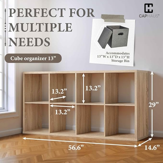 CAPHAUS Sturdy Room 13-Inch Cube Storage Organizer Shelf, with Extra Thick Exterior Edge, Open Storage Shelf Divider, Bookcase, 8-Cube, Natural Oak