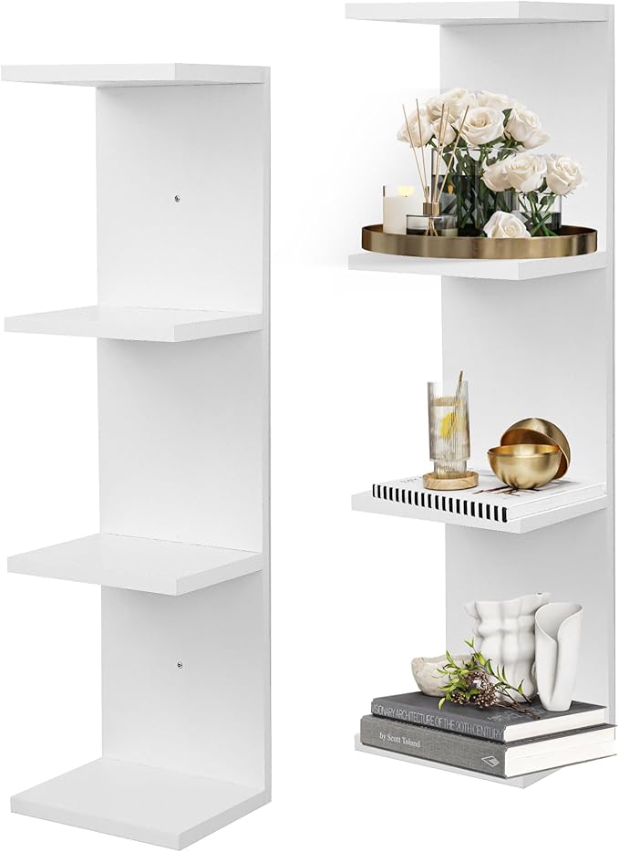 4 Tier Wall Shelf Unit,Vertical Column Floating Storage Home Decor Organizer,White Lack Wall Shelf for Bedroom,Living Room,Office Decor(2 Pack)