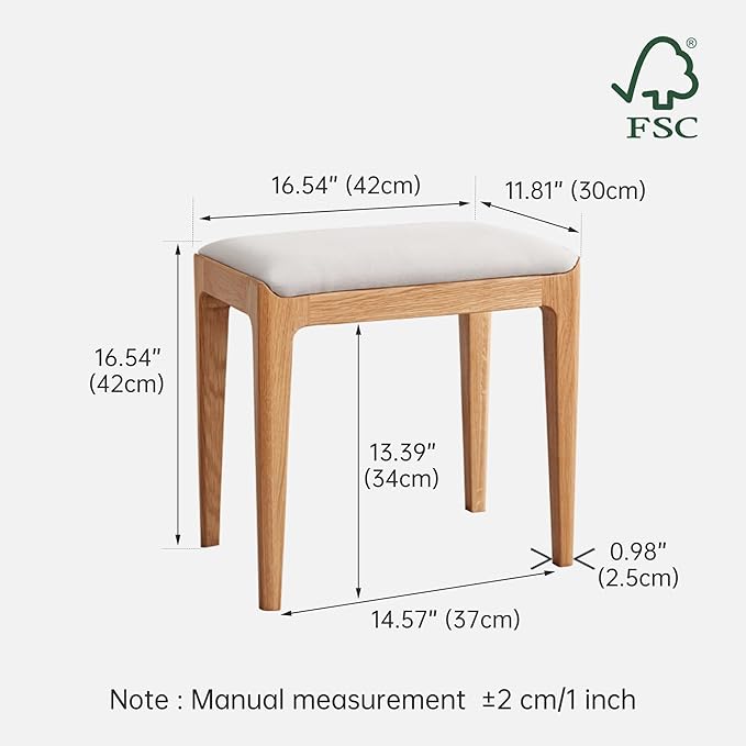 Vanity Stool, Oak Wood Vanity Chair, Wooden Chair for Vanity with Upholstered Cushions for Living Room, Bedroom, Gray