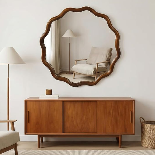 Elountik 36 Inch Wavy Round Solid Wood Frame Mirror with Black Walnut Finish, Decorative Wall Mirror for Living Room, Bathroom, Bedroom or Entryway