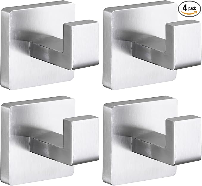 Towel Hooks for Bathrooms Robe Hook Coat Hook 4 Pack Brushed Nickel Stainless Steel Heavy Duty Wall Mounted Square Hooks for Bathroom Kitchen Bedroom