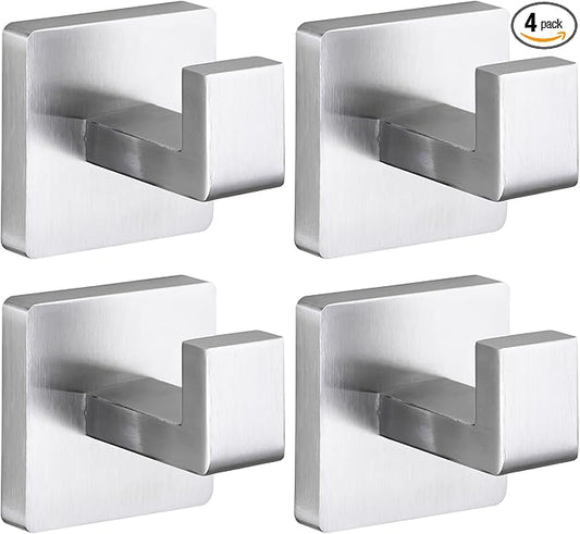Towel Hooks for Bathrooms Robe Hook Coat Hook 4 Pack Brushed Nickel Stainless Steel Heavy Duty Wall Mounted Square Hooks for Bathroom Kitchen Bedroom