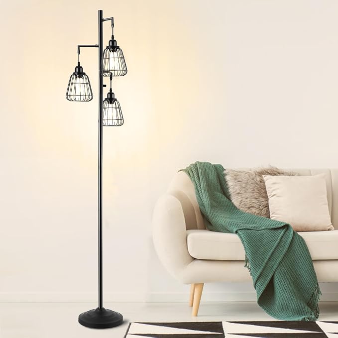 9MMML 68” Living Room Floor Lamp, Industrial Farmhouse 3 Teardrop Cage Standing Lamp,Black Tall Floor Lamp for Bedroom Office, 3 LED Edison Bulbs Included