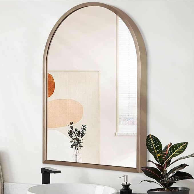 Large Arched Wall Mirror Aluminum Alloy Frame Bathroom Mirror Brushed Metal Vanity Wall Mounted Mirror for LivingRoom Bedroom Entryway Brass 28"x20"