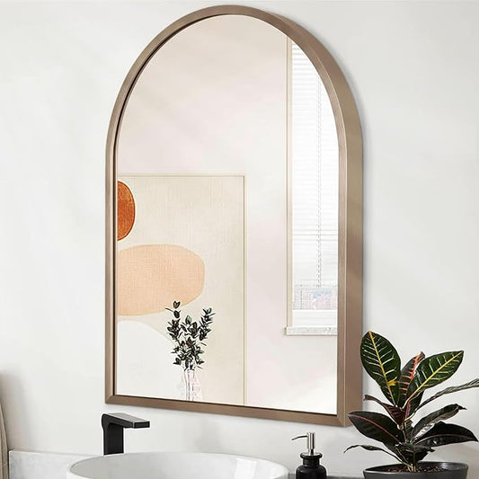 Large Arch Wall Mirror Bathroom Mirror Brass 26"x18" Metal Framed Mirror, Arched Wall Mounted Vanity Mirror for Bedroom, Living Room, Entryway