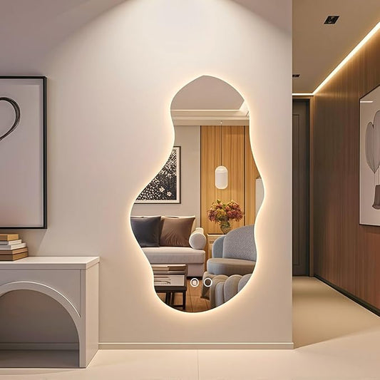 Modern Irregular LED Bathroom Mirror with Lights, Asymmetrical Frameless Smart Lighted Wall Mirror for Living Room Entryway, Large Decorative Makeup Vanity Mirror with Touch Switch(24.8″x43.3″)