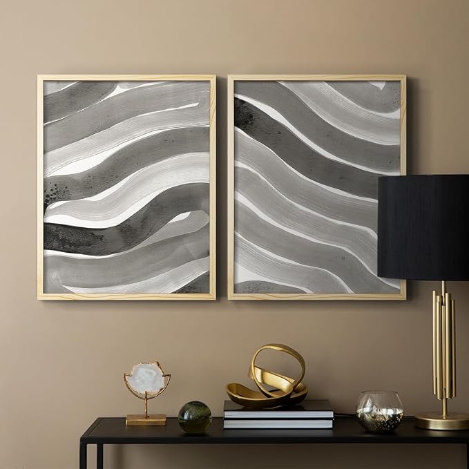 Renditions Gallery Set of 2 Peel & Stick Framed Prints, Watercolor Abstract Wall Art, Black and White Bold Brushstrokes Wall Decor, Re-Stickable - Ready to Hang - 16"x20" - NATURAL WOOD Frame LT588