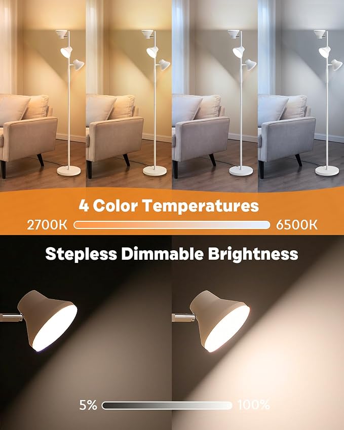 SIBRILLE LED Floor Lamp, 36W Modern Floor Lamp with Remote & Touch Control, 4 Color Temperatures, Standing Lamp with 3 Rotatable Lights, Floor Lamps for Living Room, Bedroom, Office