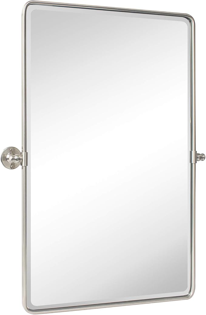 TEHOME Brush Nickel Pivot Rectangle Bathroom Vanity Mirrror Farmhouse Tiltable Rounded Metal Framed Pivoting Bathroom Mirror with Beveled Mirrror, Overall 26.91 x 35 inches (Mirrror 23 x 35 inches)