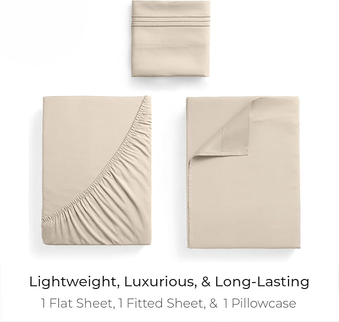 Mellanni Twin Sheets Set - 3 PC Iconic Collection Bedding - Hotel Luxury, Extra Soft, Cooling Bed Sheets - Wrinkle, Fade, Stain Resistant (Twin, Beige)