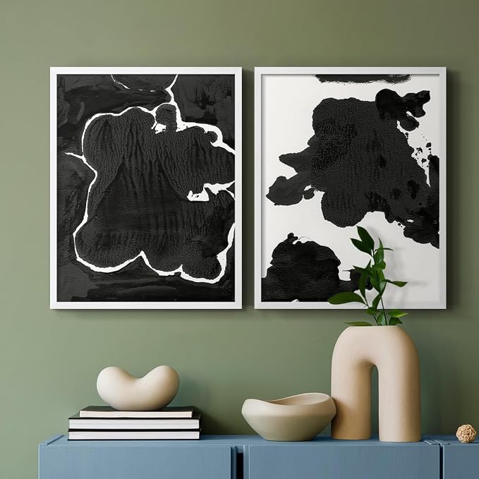Renditions Gallery Set of 2 Peel & Stick Framed Prints, Fluid Abstract Wall Art, Black and White Inkblot Wall Decor, Re-Stickable - Ready to Hang - 22"x28" - White Frame LT588
