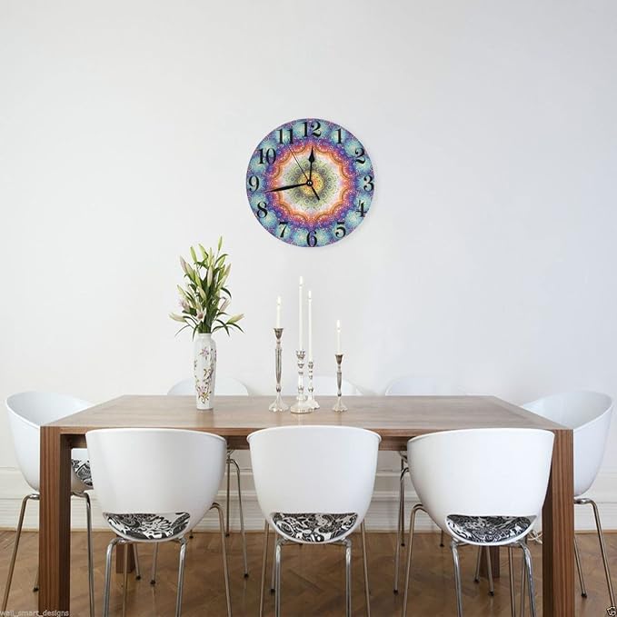 Mandala Wall Clock Battery Operated Silent Round Clock Peacock Feathers Wall Decor for Home Office School, 12 Inch