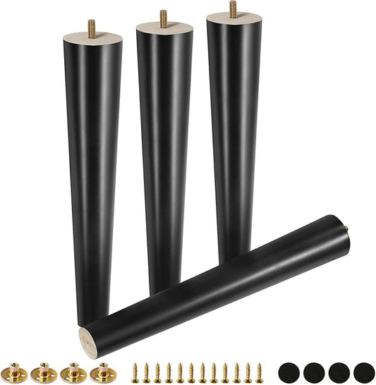 FoDau770 Black Rubber Wood Furniture Legs 16 Inches, Straight Tapered Wood Feet Mid Century Sofa Legs Set of 4, 5/16" UNC Furniture Feet for Cabinet Couch Dresser Chair Ottoman Table