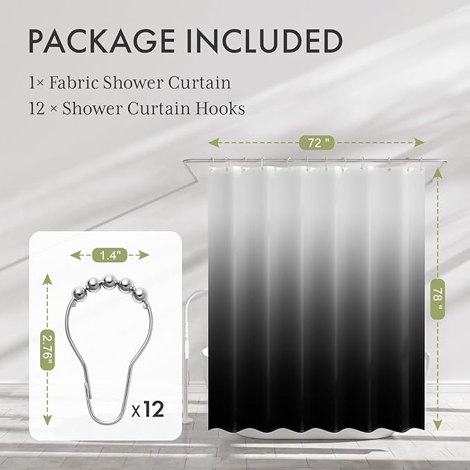 AmazerBath Long Shower Curtain, 72x78 Ombre Black Fabric Shower Curtain Set with 12 Shower Curtain Hooks, Farmhouse Cloth Black and White Shower Curtain, Washable Bathroom Shower Curtain Sets