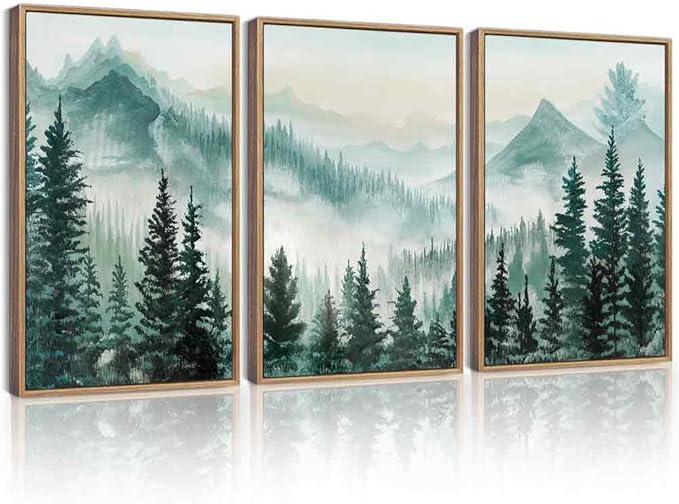 KUVIOKE Fog Pine Tree Mountain Landscape Framed Wall Art Watercolor Nature Misty Forest Painting Vintage Farmhouse Rustic Wall Decor for Bedroom Hallway 16x24in (Natural Framed)