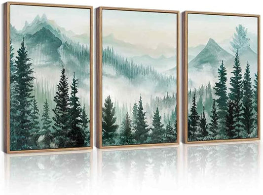 KUVIOKE Fog Pine Tree Mountain Landscape Framed Wall Art Watercolor Nature Misty Forest Painting Vintage Farmhouse Rustic Wall Decor for Bedroom Hallway 16x24in (Natural Framed)