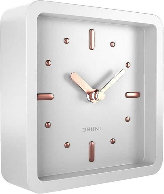 Driini Modern Mid Century Desk & Shelf Clock (White Rose Gold) - Battery Operated with Silent, Analog Movement – Small Tabletop Clocks for Office – Perfect for Mantle, End Table, Desktop or Nightstand