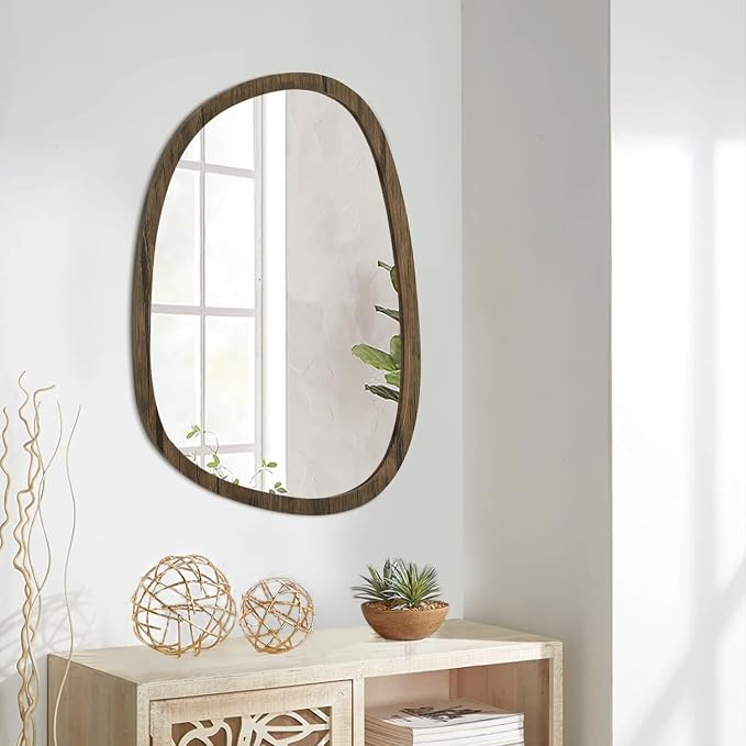 Brown Irregular Wooden Framed Mirror Hanging Asymmetrical Mirror for Wall Modern Wall Mirror Unique Shape Decorative Vanity Bathroom Living Room Bedroom Entryway Hallway Artistic Oval Mirror