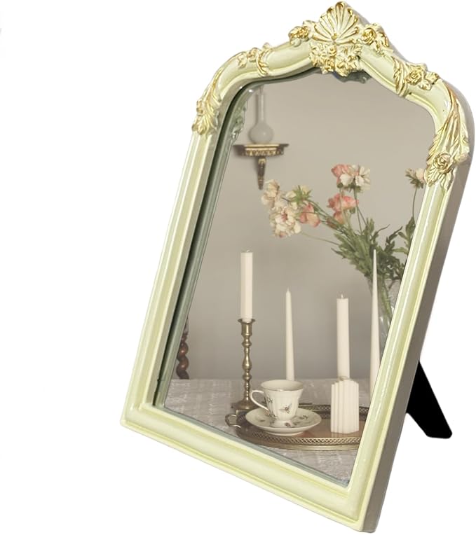Cream Flower Bow Mirror - 13x10 Inch Elegant Decorative Accent, Wall-Mounted & Tabletop Makeup Mirror for Bedroom Decor