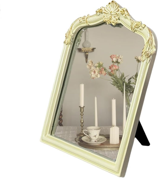 Cream Flower Bow Mirror - 13x10 Inch Elegant Decorative Accent, Wall-Mounted & Tabletop Makeup Mirror for Bedroom Decor