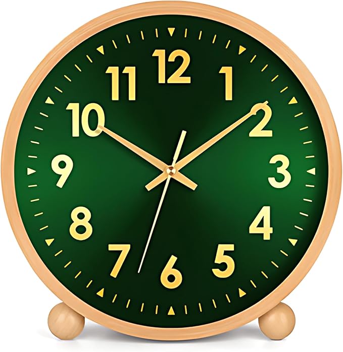 Maxspace Wooden Table Clock,8in Silent Non-Ticking Desk Clock,Battery Operated Desktop Analog Clock for Living Room Office Bedroom Decor (Green Gold - Log, Wooden Ball Base)