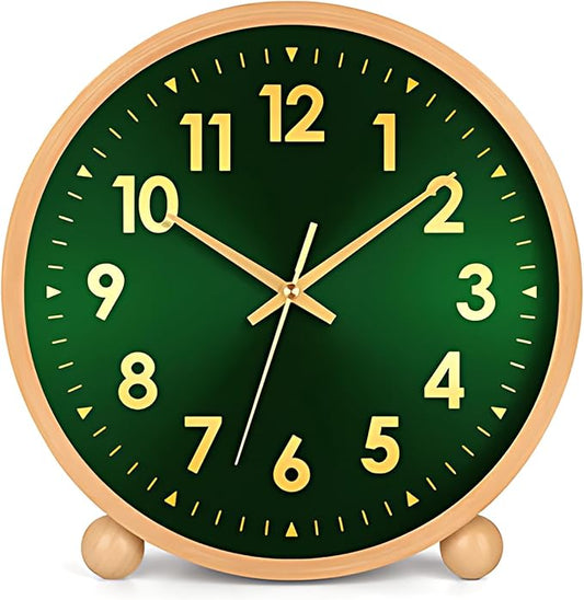 Maxspace Wooden Table Clock,8in Silent Non-Ticking Desk Clock,Battery Operated Desktop Analog Clock for Living Room Office Bedroom Decor (Green Gold - Log, Wooden Ball Base)