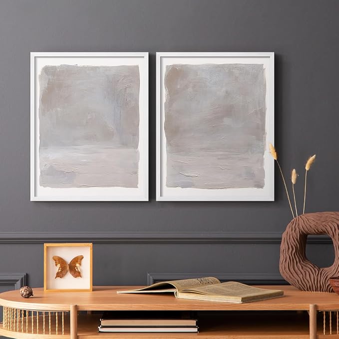 Renditions Gallery Set of 2 Peel & Stick Framed Prints, Watercolor Abstract Wall Art, Neutral Tones Textured Brushstrokes Wall Decor, Re-Stickable - Ready to Hang - 11"x14" - White Frame LT588