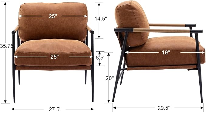 DUOMAY Mid-Century Modern Accent Chair Armchair Set of 2, Soft PU Leather Sofa Lounge Chair Reading Chair with Metal Leg for Living Room Bedroom Office, Brown