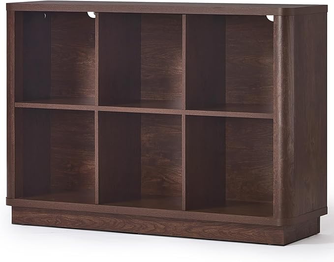 Joaxswe 6 Cube Bookcase, 40" Wide Low Horizontal Book Shelf w/Curved Edge, Wood Floor Standing 2-Tier Bookshelf with Base, Modern Short Storage Organizer for Bedroom,Office, White-Grey Cream Oak