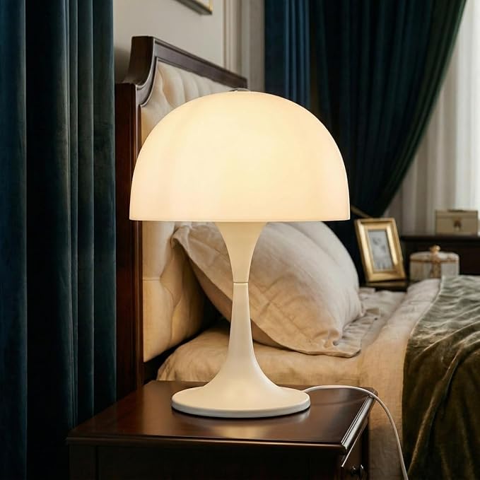 Modern Mushroom Table Lamp, Mid-Century Nightstand Lamp with Smooth Acrylic Shade & Metal Base, 3-G9 Socket Bedside Desk Lamp for Bedroom Living Room Office, Retro Decor Accent Light, Glossy White