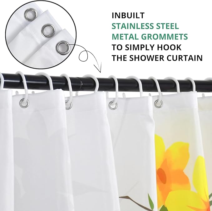 Yellow Floral Shower Curtain, Flower Blossom Plant Botanical Spring Durable Waterproof Fabric Machine Washable with Hooks for Bathroom Bathtub Decor 60Wx72H